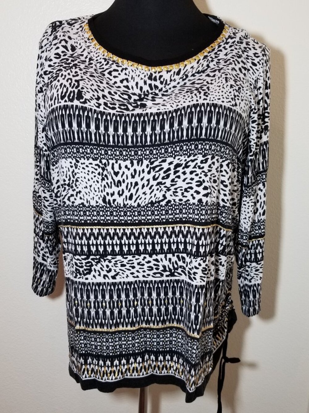 Ruby Rd Womens 2X Black White Gold Tunic Blouse Retro Boho Hippie Office Party